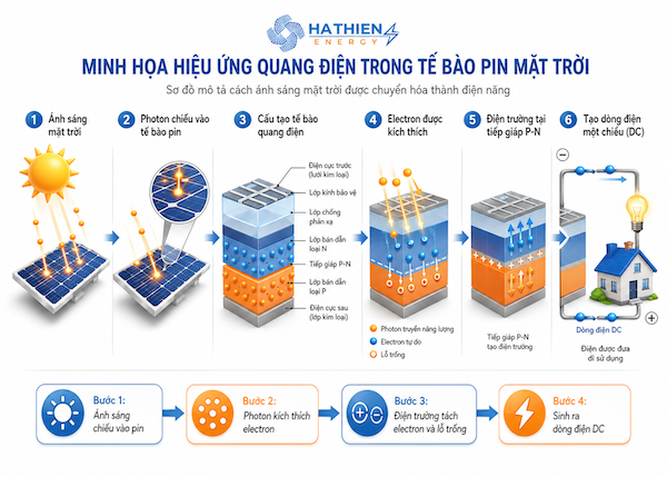 Minh họa hiệu ứng quang điện trong tế bào pin mặt trời