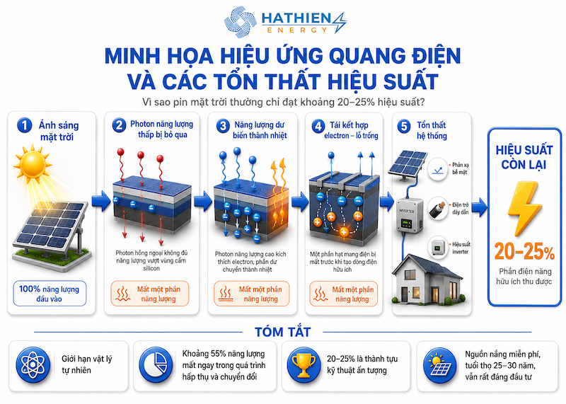 Vì sao hiệu suất pin mặt trời chỉ đạt 20–25%