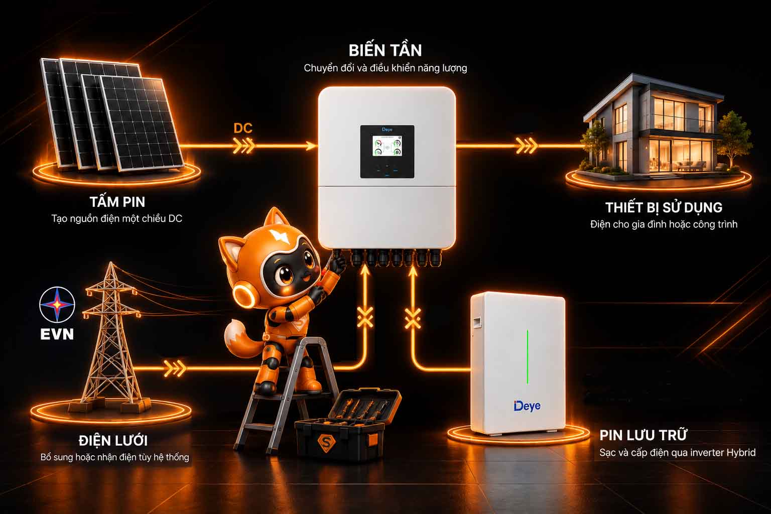 Sơ đồ hệ thống điện mặt trời Hybrid gồm tấm pin, biến tần, điện lưới, pin lưu trữ và thiết bị sử dụng