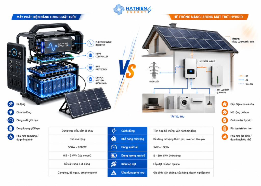 So sánh máy phát điện năng lượng mặt trời và hệ hybrid