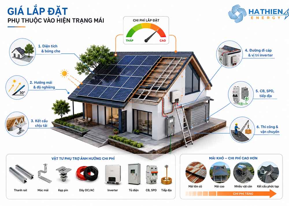 Giá lắp đặt phụ thuộc vào mái nhà